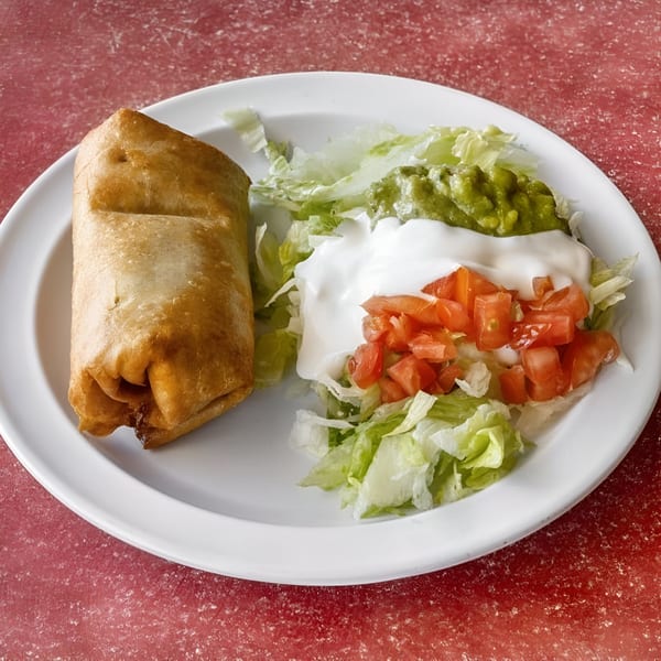 A golden-brown chimichanga with a side of shredded lettuce, guacamole, sour cream, and diced tomatoes.
