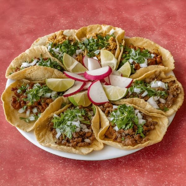 A platter of Freedom Burrito's Mexican tacos with various fillings, cilantro, onions, limes, and radishes.