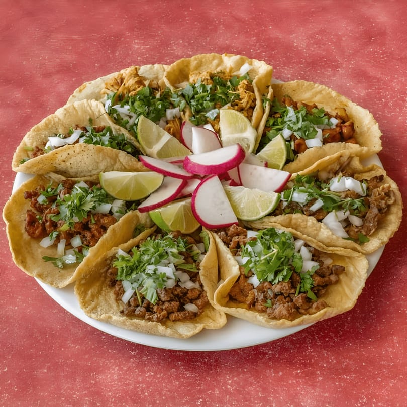 A platter of Freedom Burrito's Mexican tacos with various fillings, cilantro, onions, limes, and radishes.